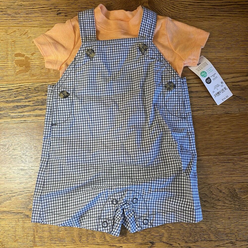 Carter's Baby 2-Piece Shortalls Outfit 3M Orange Tee Checkered Overall Shorts